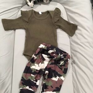 Infant Baby Girls army set Ribbed Romper Bodysuit Pants Set Fall Winter NWOT